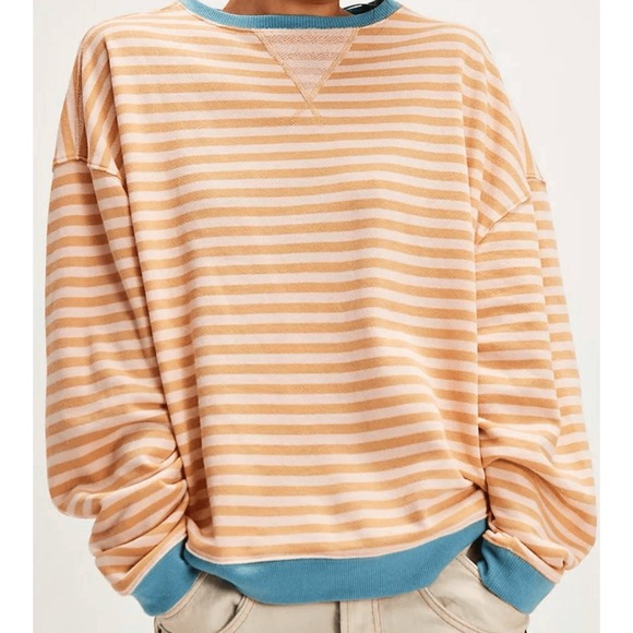 Free People Classic Striped Oversized Crewneck Latte Combo Size XL NEW w/TAGS - Picture 4 of 6
